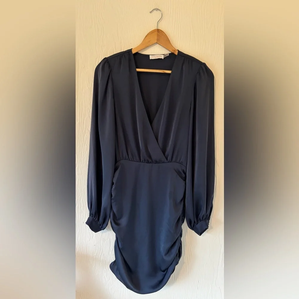 Ramy Brook Foxy Satin Navy Blue Ruched Long Sleeve V Neck Side Zip Mini Dress - Picture 6 of 15